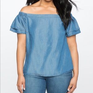 Chambray Off the Shoulder Flounce Sleeve Top